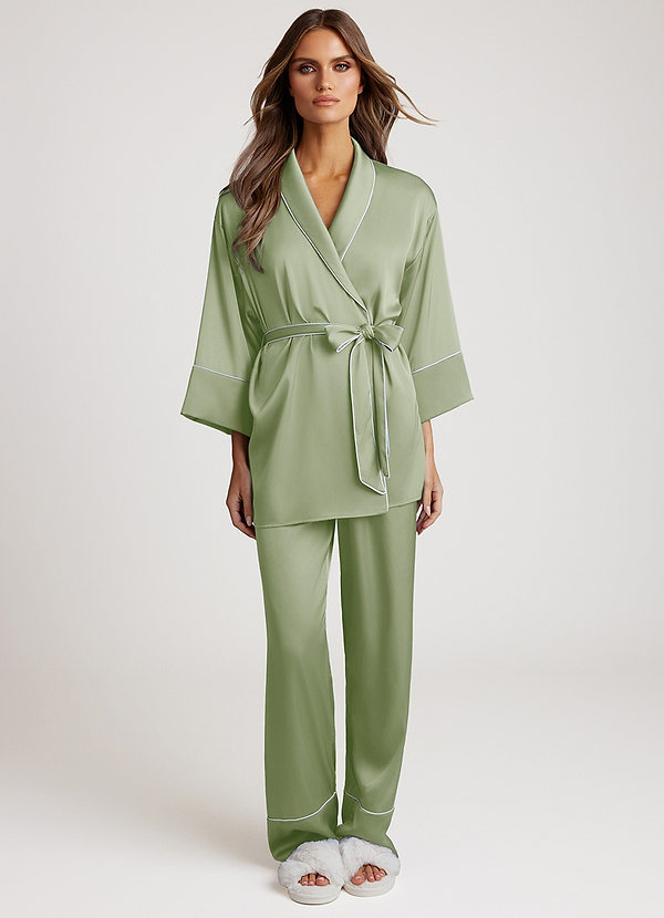 front Dusty Sage Conjunto de pijama com detalhes em cetim