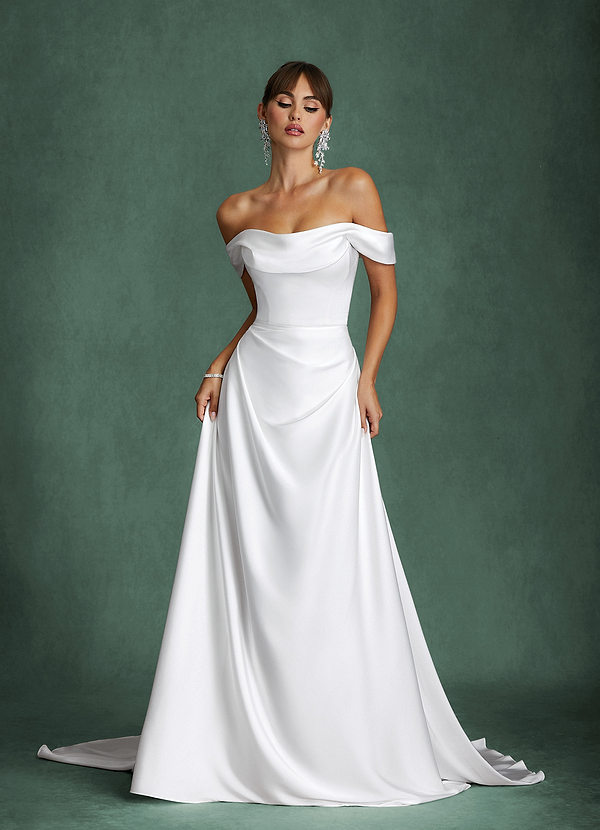 Brittney Wedding Dresses Diamond White A-Line Off the Shoulder Stretch Satin Dress image1