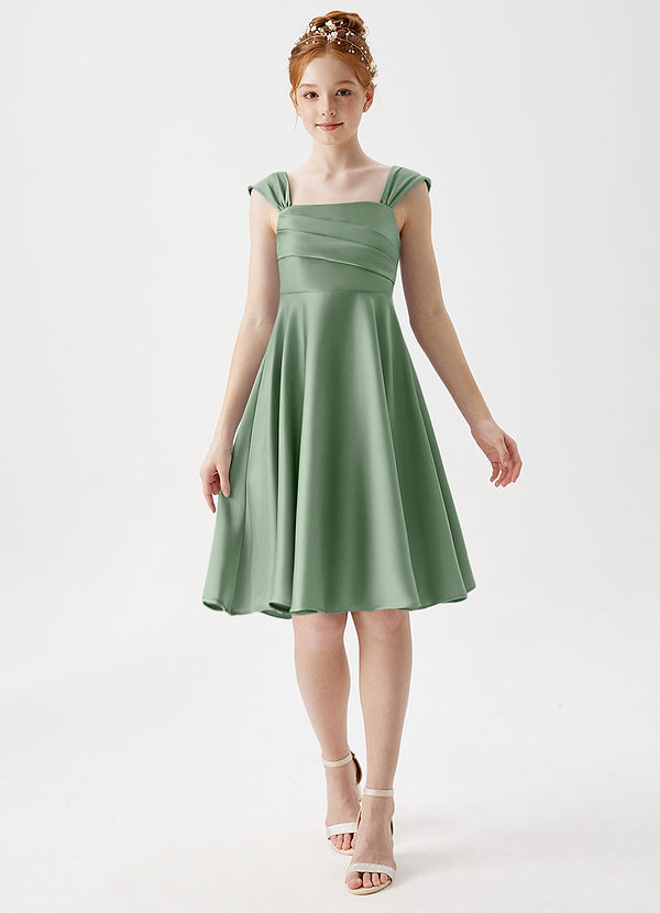 Azazie Amira Junior Matcha A-Line Pleated Stretch Satin Dress image1