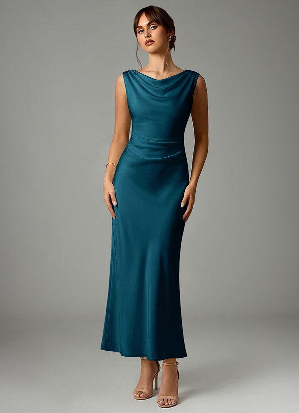 Azazie Kieryn Robes Demoiselle d'honneur Robe Sirène en Satin extensible Plissée Bleu Encre image1