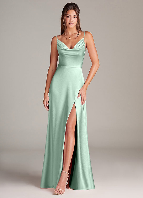 Azazie Sarella Bridesmaid Dresses Agave A-Line with Pockets Metallic Satin Dress image1