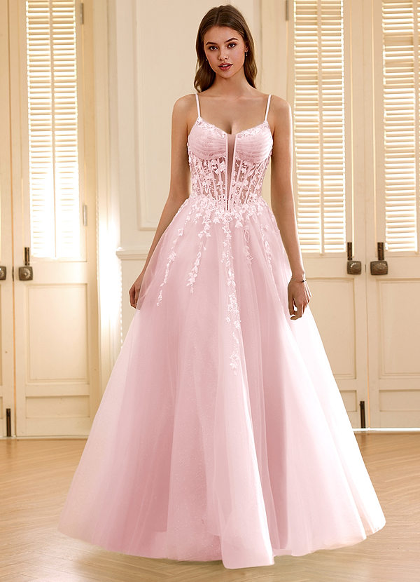 Violettamay Blushing Pink Corset Rhinestone Sheer Lace Prom Dress image1