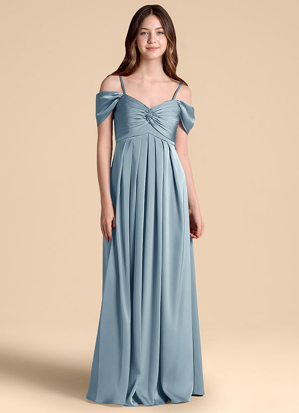 Azazie Kaitlynn Junior Dusty Blue A-Line Off the Shoulder Stretch Satin Dress image1