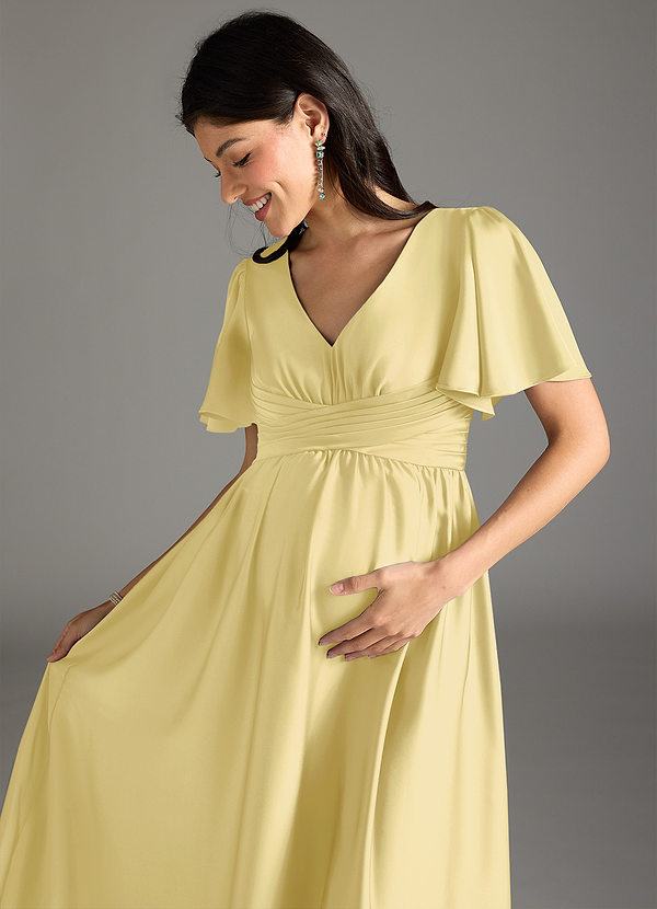 Azazie Verna Maternity Bridesmaid Dresses A-Line Ruched Stretch Satin Floor-Length Dress image1