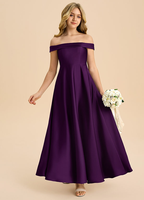 Azazie Sissy Junior Grape A-Line Off the Shoulder Stretch Satin Dress image1