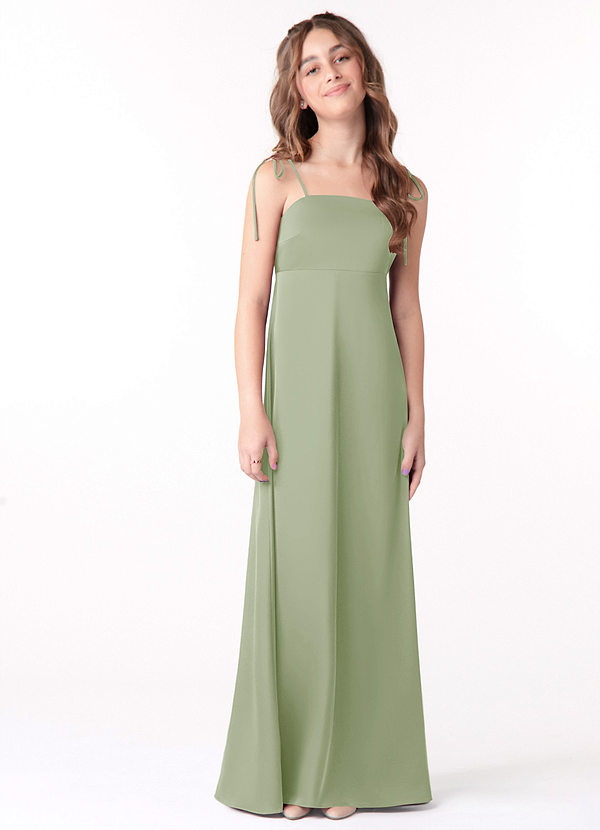 Azazie Violeta Junior Dusty Sage A-Line Bow Stretch Satin Dress image1