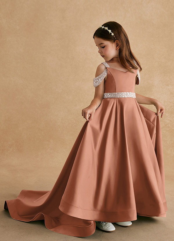 Azazie Jodi Robes de Fillette d'Honneur Robe Trapèze en Mat Satiné Bronze image1