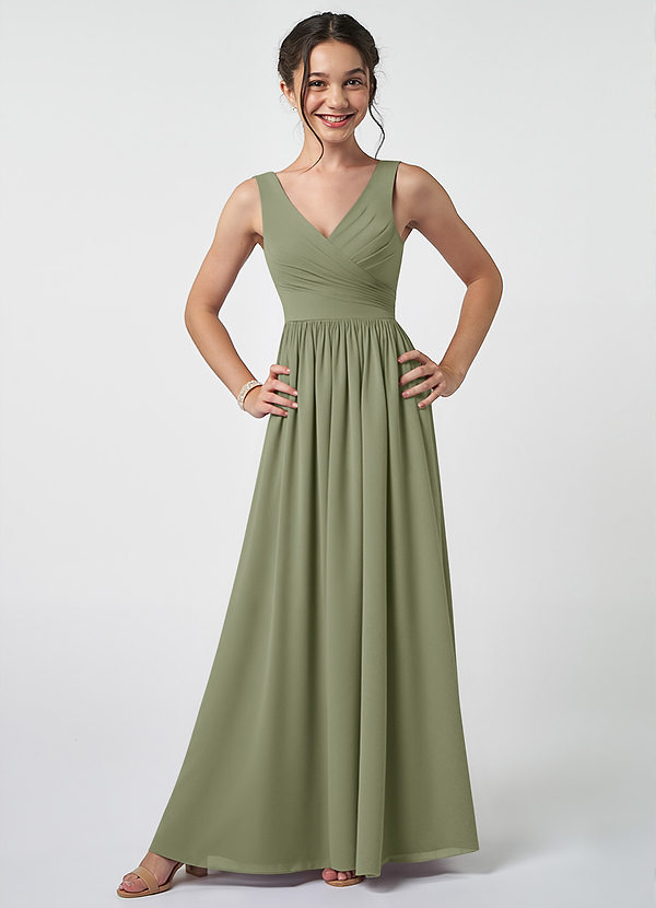 Azazie Keyla Junior Pistachio A-Line Pleated Chiffon Dress image1