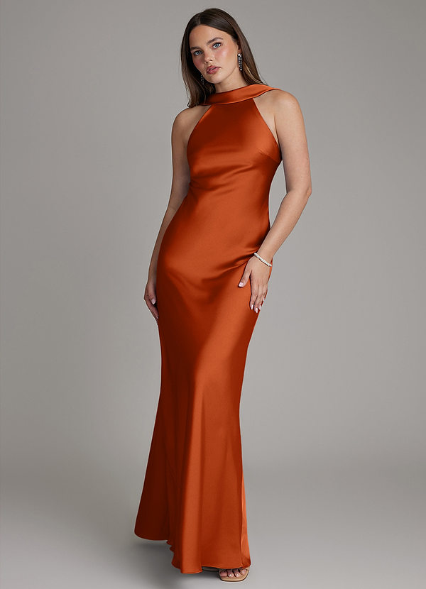 Azazie Dimitra Bridesmaid Dresses Burnt Orange A-Line Pleated Stretch Satin Dress image1