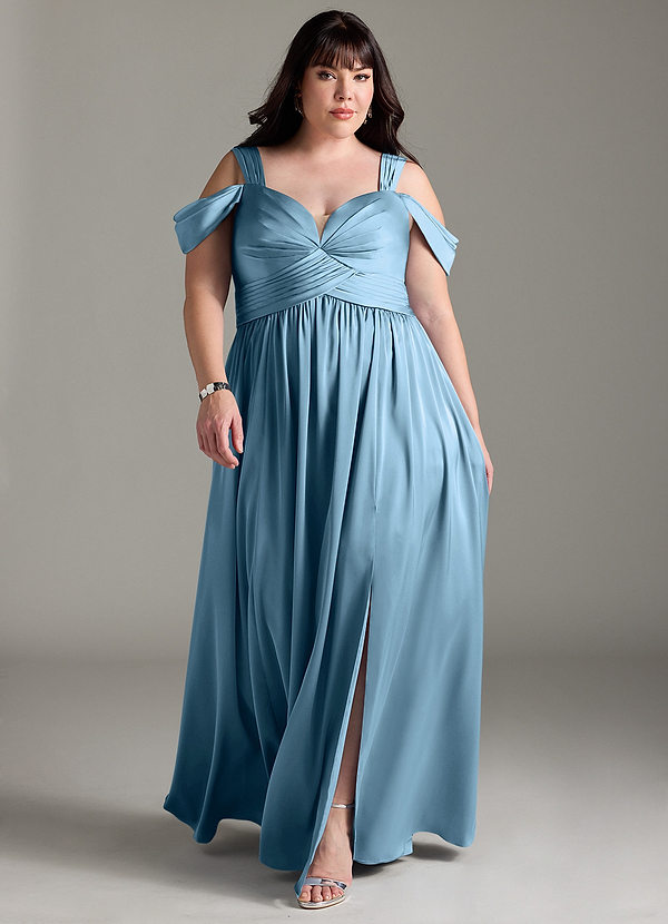 Azazie Lianne Bridesmaid Dresses Steel Blue A-Line Off the Shoulder Stretch Satin Dress image1