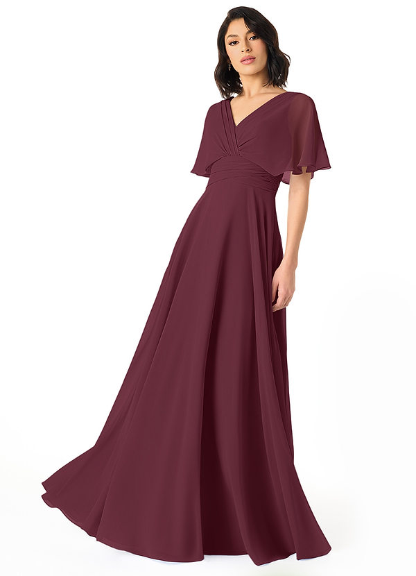 Azazie Pamela Bridesmaid Dresses Cabernet A-Line V-Neck Pleated Chiffon Dress image1