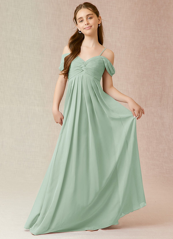 Azazie Kaitlynn Junior Agave A-Line Off the Shoulder Chiffon Dress image1