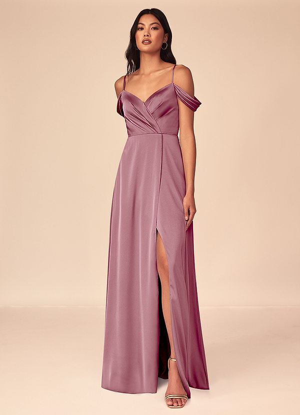 Azazie Ocean Brautjungfernkleider A-Linie V-Hals Gefaltet Stretch-Satin Kleid Vintage Mauve image1