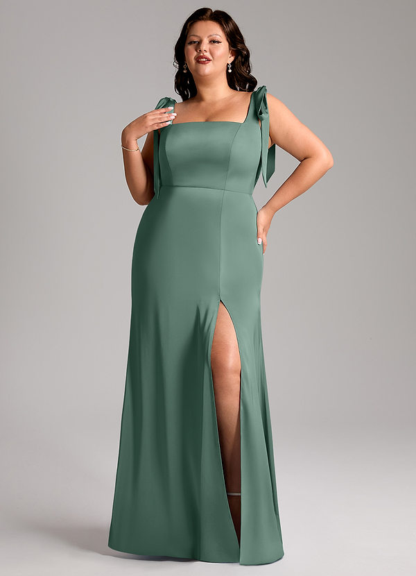Azazie Frostine Bridesmaid Dresses Eucalyptus A-Line Bow Stretch Satin Dress image1