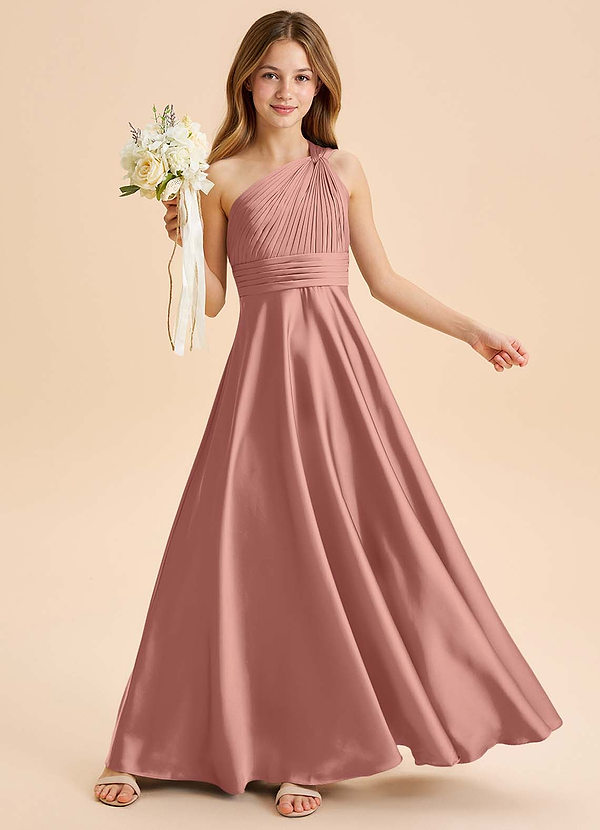 Azazie Charlize Junior Abito A-Line in Raso Elasticizzato Plissettato Rosetta image1