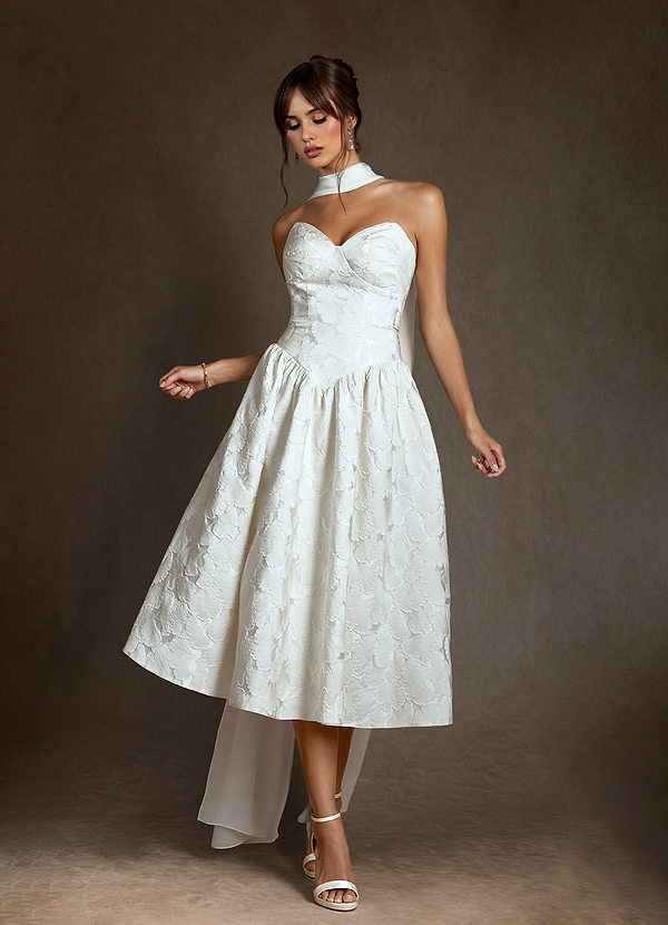 Azazie Devam Wedding Dresses Diamond White A-Line Strapless Floral Jacquard Dress image1