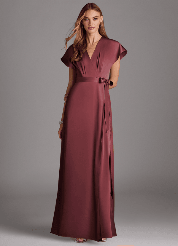 Azazie Nico Bridesmaid Dresses Merlot A-Line V-Neck Stretch Satin Dress image1