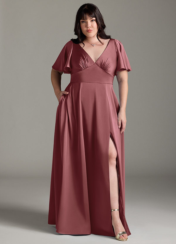 Azazie Kimber Bridesmaid Dresses Amethyst A-Line Ruched Stretch Satin Dress image1
