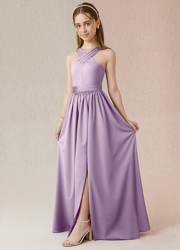 Azazie Jiya Junior Frosted Lilac A-Line Pleated Stretch Satin Dress image1