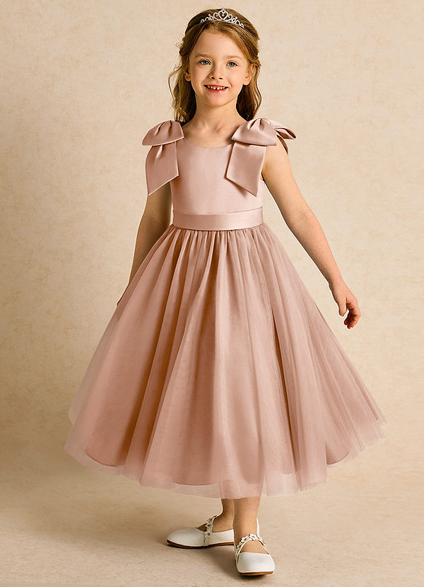 Azazie Serene Abiti da Ragazza di Fiori Abito Principessa in Raso Opaco Fiocco Champagne Rosa image1
