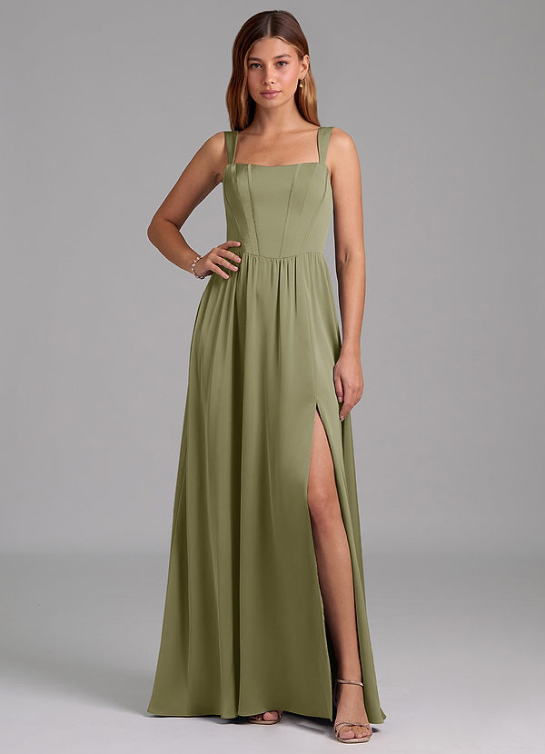 Azazie Rosaline Suknie dla druhen Linia A Rozcięcie z boku Satyna elastyczna Do ziemi Sukienka image1