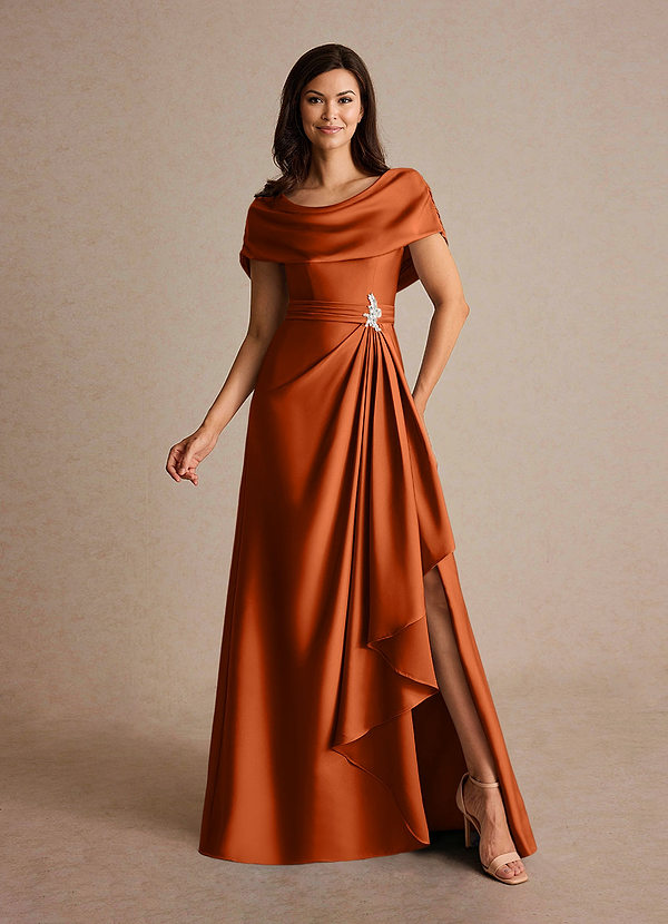 Azazie Branford Mother of the Bride Dresses Vestido Laranja Queimada de Cetim elástico de Linha A com Plissado image1