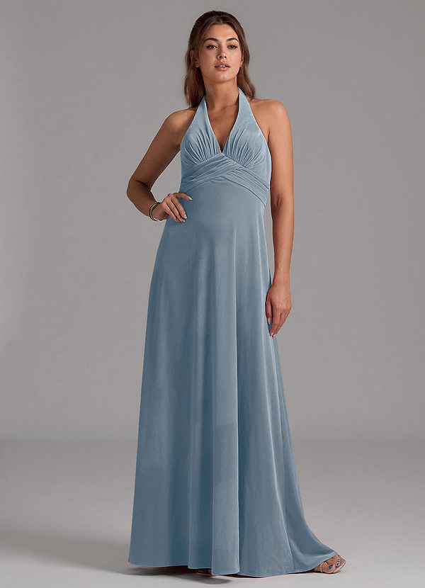 Azazie Tessie Vestidos Dama de Honor Vestido de Azul Polvoriento de terciopelo de Corte en A con Plisado image1