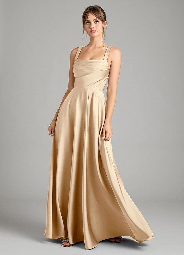 Azazie Shaude Bridesmaid Dresses Champagne A-Line Pleated Stretch Satin Dress image1