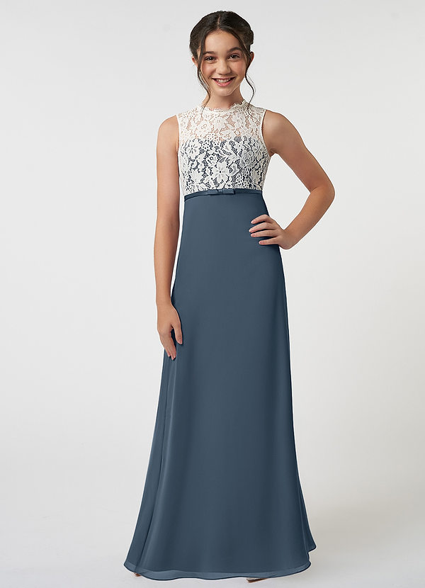 Azazie Rana Junior A-Linie Spitze Chiffon Kleid Neptunblau image1
