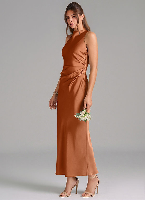 Azazie Evadne Bridesmaid Dresses Copper Sheath Pleated Stretch Satin Dress image1