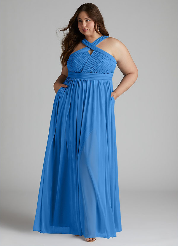 Azazie Hillian Robes Demoiselle d'honneur Robe Trapèze en Maille Dos nu plissé Geai Bleu image1