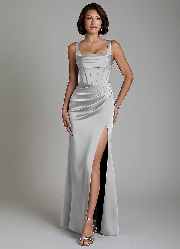 Azazie Amora Vestidos de dama de honor Vestido Plata de Satén Elástico de Corte Sirena con Corsé image1