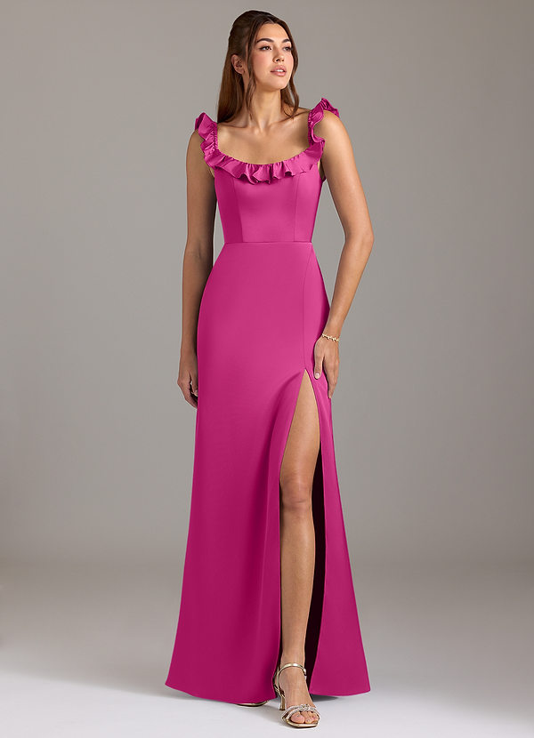 Azazie Callie Bridesmaid Dresses Fuchsia A-Line Ruched Stretch Satin Convertible Dress image1