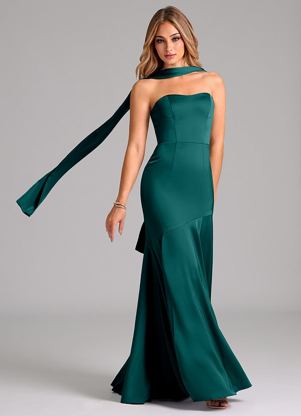 Azazie Shiloh Robes Demoiselle d'honneur Robe Sirène Convertible en Satin extensible Sans bretelle Paon image1