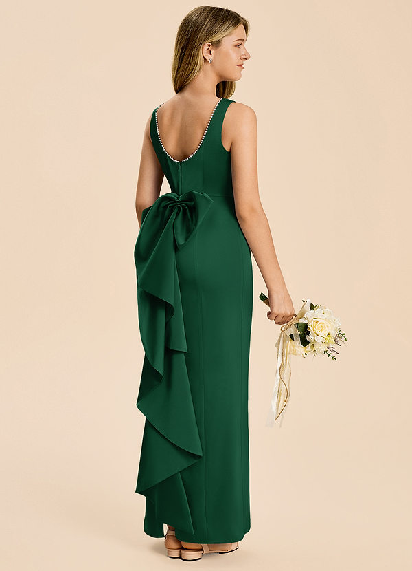 Azazie Emi Junior Dark Green Sheath Bow Stretch Satin Dress image1