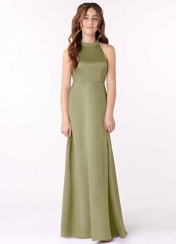 Azazie Laurel Junior Robe Trapèze en Mat Satiné Vert Mousse image1