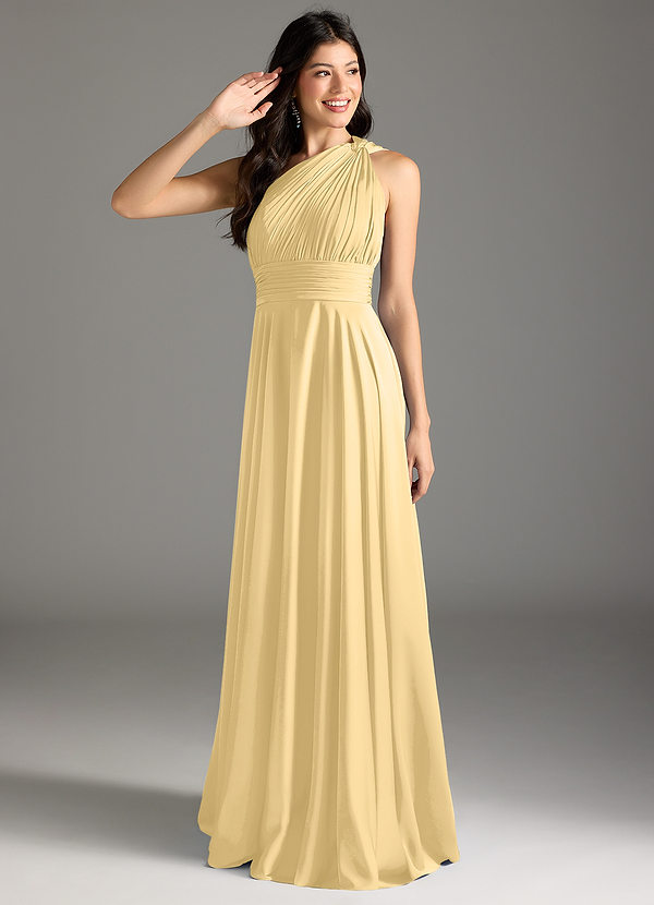 Azazie Charlize Brautjungfernkleider A-Linie One-Shoulder Stretch-Satin Kleid Butter image1