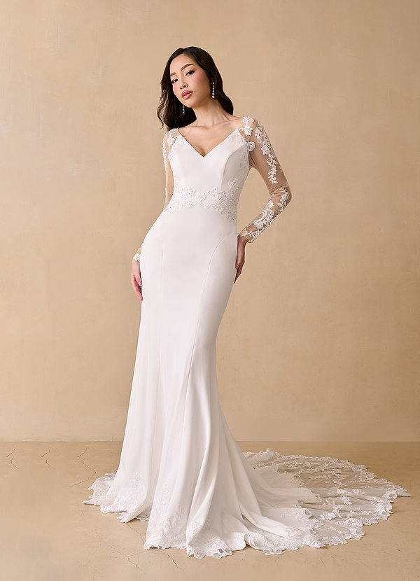 Azazie Mistie Wedding Dresses Diamond White Sand Mermaid V-Neck Sequins Stretch Crepe Dress image1