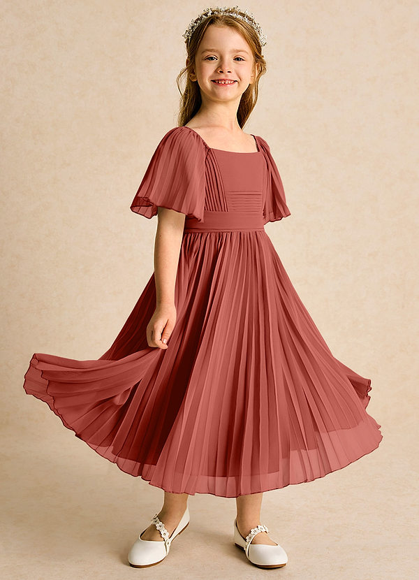 Azazie Gisele Abiti da Ragazza di Fiori Abito A-Line in Chiffon Plissettato Terracotta image1