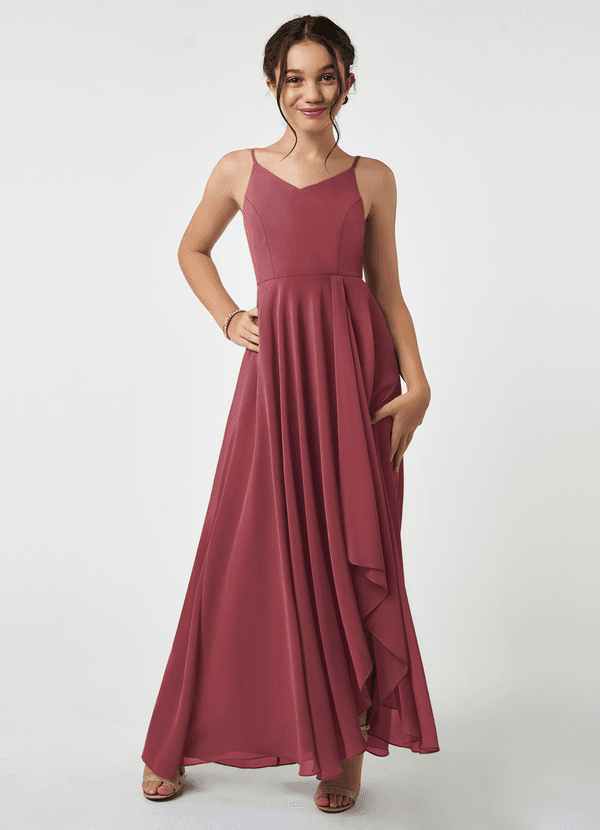 Azazie Collette Junior Merlot A-Line Ruched Chiffon Dress image1