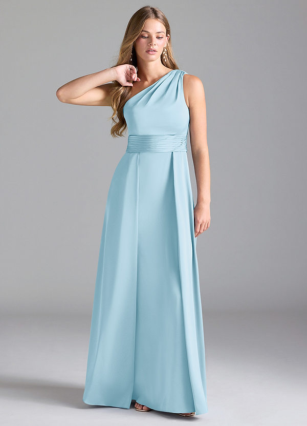 Azazie Dallas Robes Demoiselle d'honneur Robe Trapèze en Satin extensible Une épaule Bleu Ciel image1