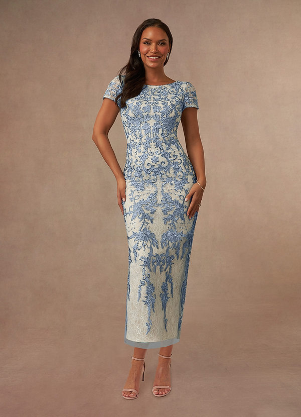 Azazie Alyssum Mother of the Brides Dresses Dusty Blue Sheath Scoop Lace Dress image1