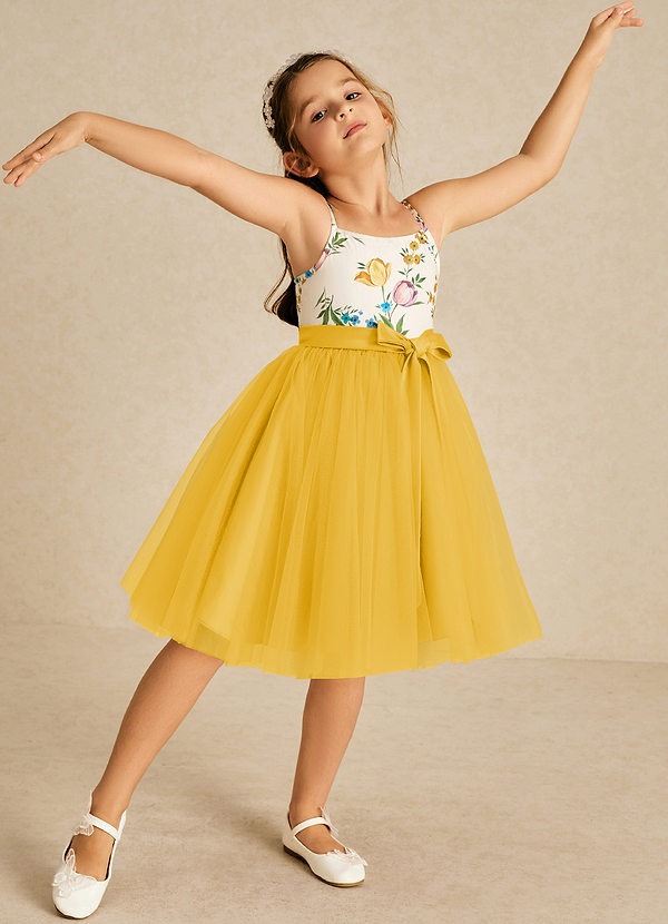 Azazie Jollie Flower Girl Dresses Marigold A-Line Spaghetti Strap Tulle Dress image1