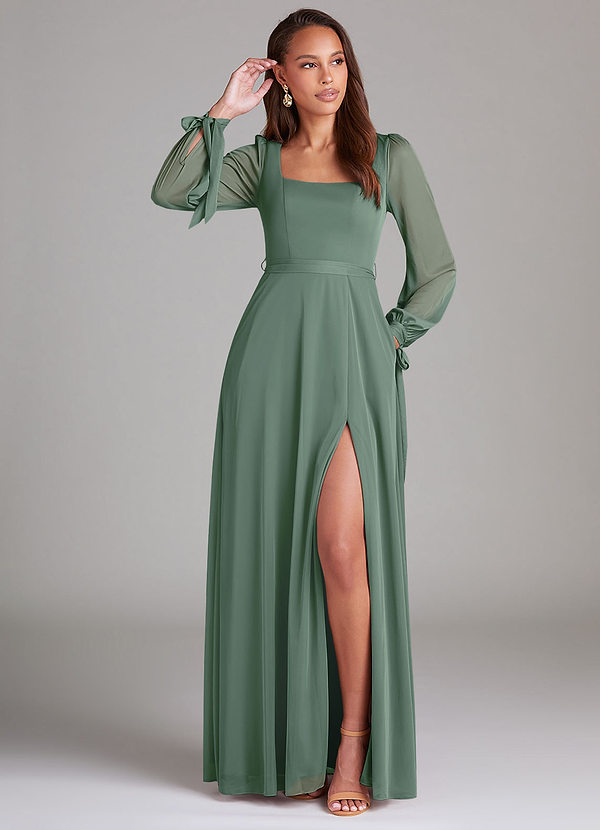 Azazie Leonia Bridesmaid Dresses Eucalyptus A-Line Long Sleeve Mesh Dress image1