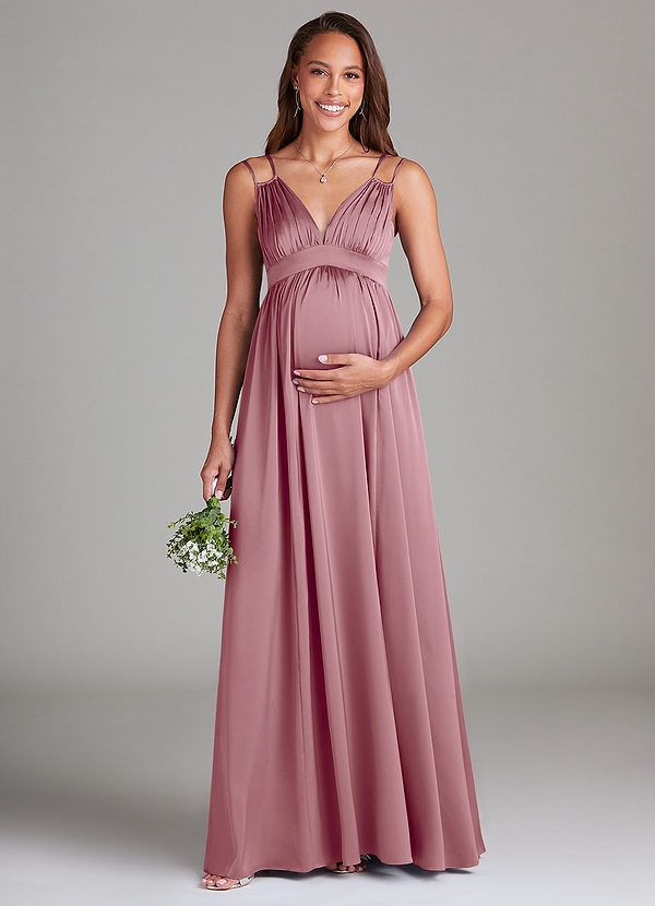 Azazie Emree Maternity Bridesmaid Dresses A-Line Stretch Satin Floor-Length Dress with Pockets image1