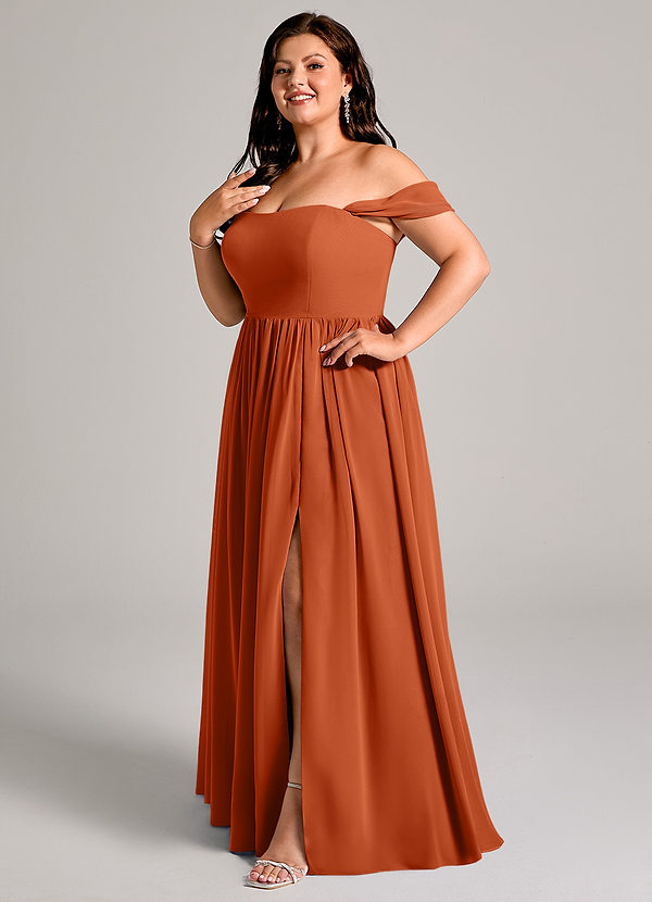 Azazie Calianna Bridesmaid Dresses Burnt Orange A-Line Off the Shoulder Chiffon Convertible Dress image1