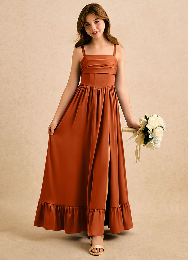 Azazie Maisie Girls Formal Sukienki dla dziewczynek sypiących kwiaty Linia A Marszczony Satyna elastyczna Długość podłogi Sukienka image1