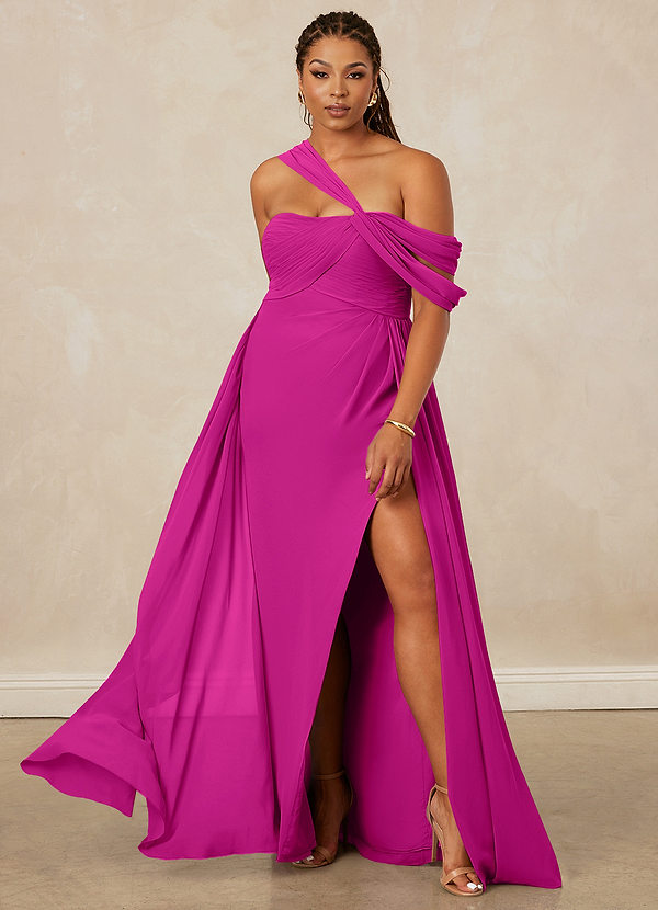 Christian Siriano Bridal for Azazie 1014 Robes Demoiselle d'honneur Robe Trapèze en Mousseline de soie Épaule décolletée Fuchsia image1