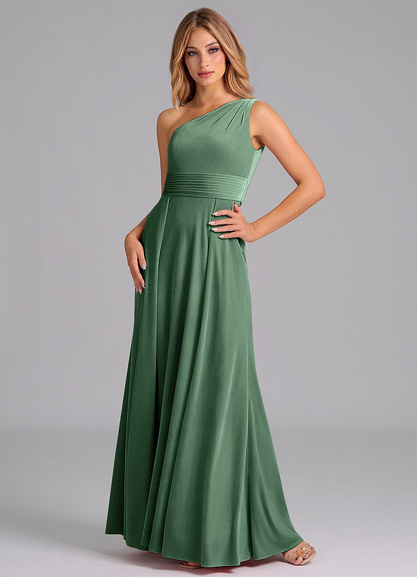 Azazie Dallas Robes Demoiselle d'honneur Robe Trapèze en velours Ue épaule Eucalyptus image1