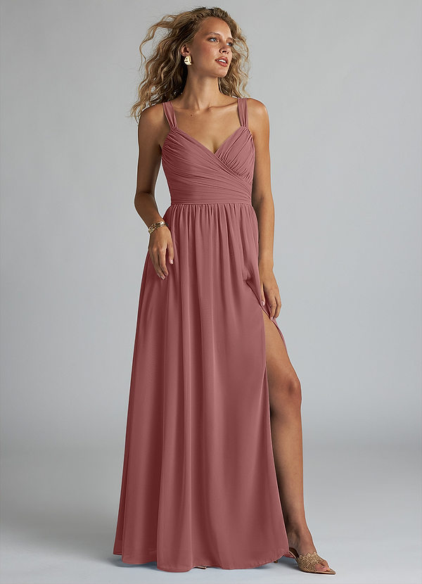 Azazie Aziza Bridesmaid Dresses Desert Rose A-Line V-Neck Pleated Chiffon Dress image1